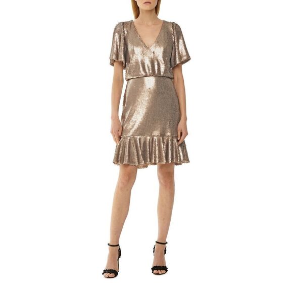 New! ML MONIQUE LHUILLIER Women's Gold Sequin Ruffled Hem Party Dress Size 4